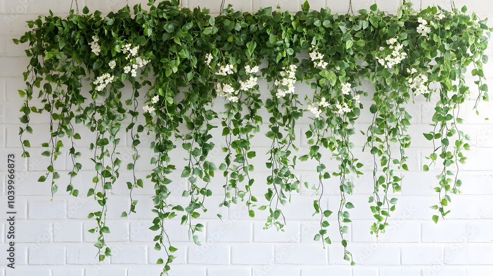 Hanging greenery with cascading ivy-like leaves and small white flowers against a white brick wall, showcasing a fresh and vibrant botanical decor with a natural backdrop. Hanging greenery with cascading ivy-like leaves and small white flowers against a white brick wall, showcasing a fresh and vibrant botanical decor with a natural backdrop.