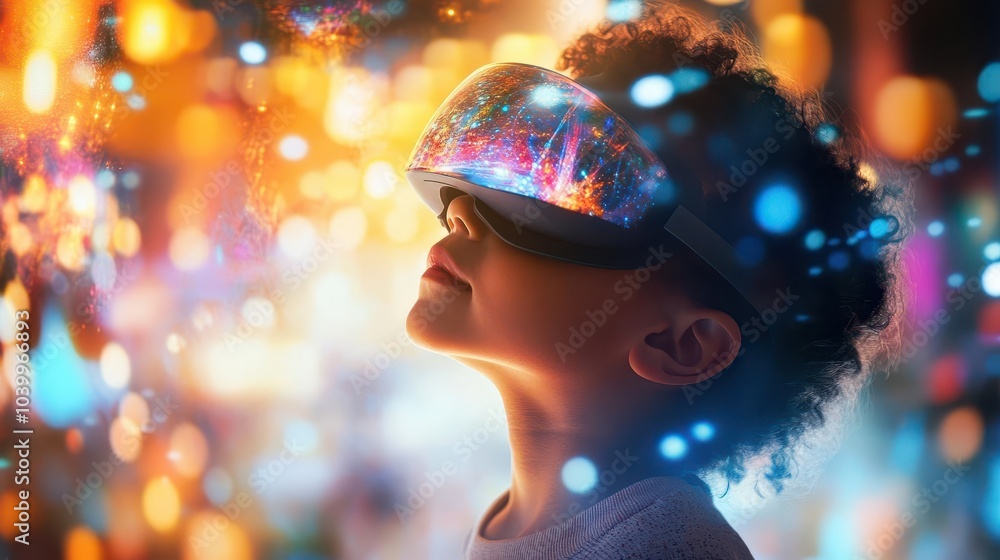 child immersed in a virtual reality world, eyes wide with amazement, surrounded by glowing colorful graphics and whimsical landscapes, capturing pure joy and wonder child immersed in a virtual reality world, eyes wide with amazement, surrounded by glowing colorful graphics and whimsical landscapes, capturing pure joy and wonder