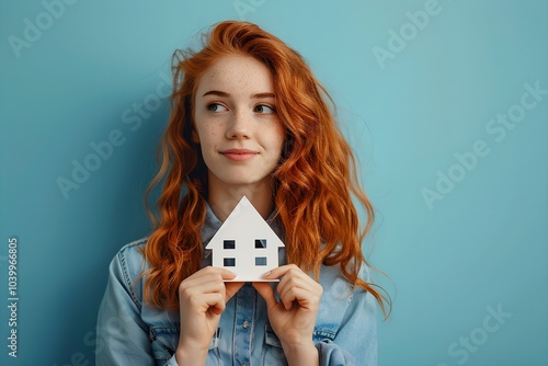 A woman holding a paper house in front of her face