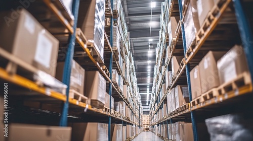 Warehouse Aisle with Boxes and Shelving Units