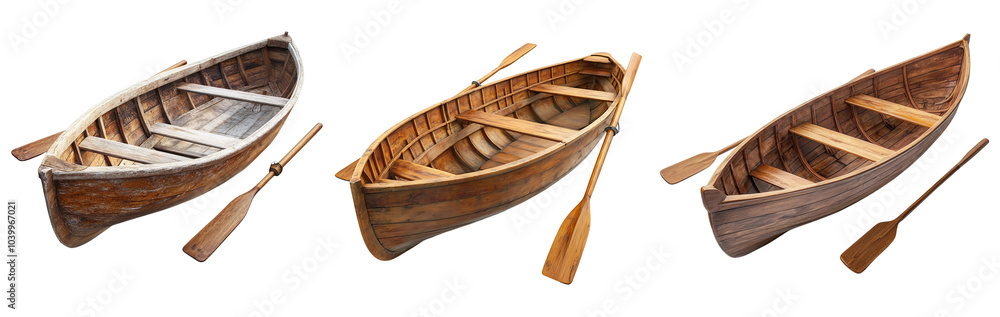 set of classic wooden rowboat with two wooden oars, isolated on a clean white or transparent background, perfect for product display set of classic wooden rowboat with two wooden oars, isolated on a clean white or transparent background, perfect for product display