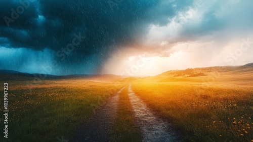Serene Landscape Split by Warm and Stormy Skies