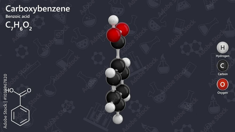 Carboxybenzene or benzoic acid. Animated 3D model of a molecule ...