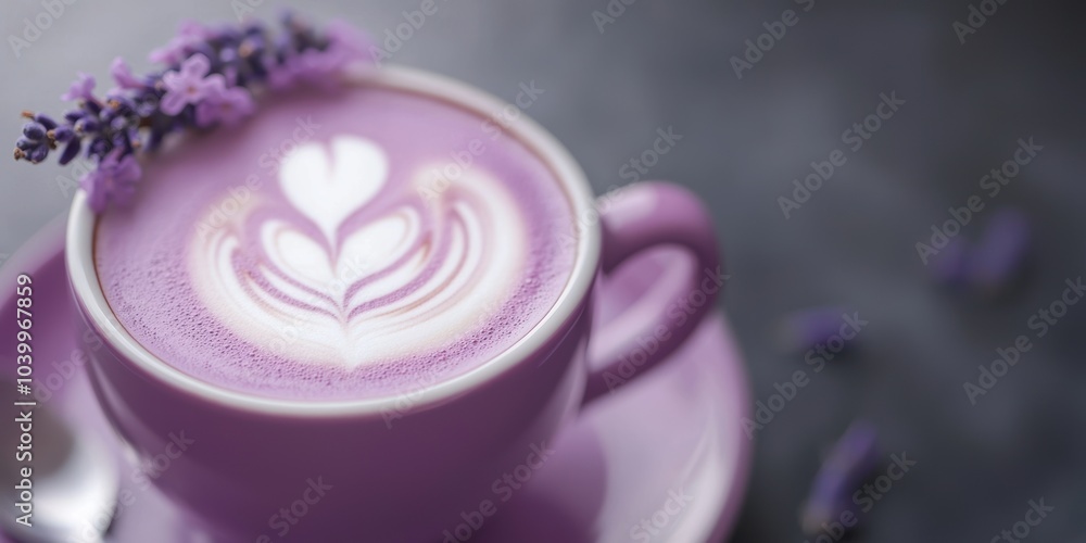 Purple lavender latte in a pink cup with artistic milk foam, isolated on a dark background. Purple lavender latte in a pink cup with artistic milk foam, isolated on a dark background.