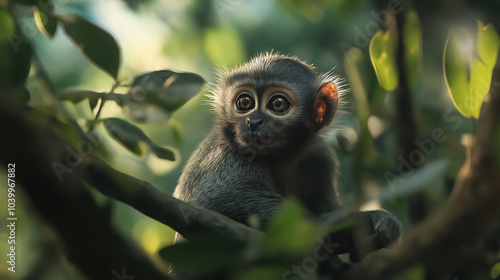 Close-up of a gray-bellied night monkey (Aotus lemurinus) on a tree branch photo