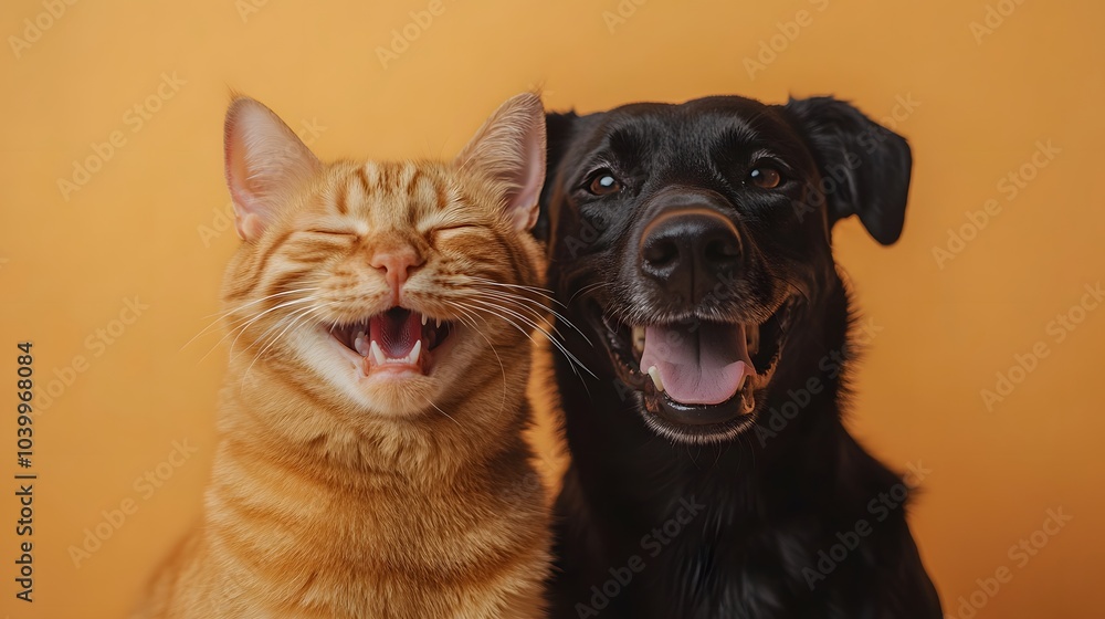 Obraz premium Close-up studio portrait of a happy ginger tabby cat and smiling black dog with vibrant colors and contrasting fur textures, capturing their joyful friendship and expressions.