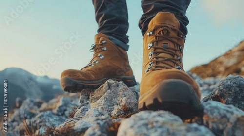 close-up image of hiker's shoes as they navigate rocky mountain terrain, showcasing the adventure, rugged landscape, and determination of the explorer in a natural setting
