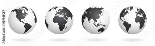 Collection of Black and White Vector Earth Globe Symbols. Different Views centered on each continent. Three dimensional Effect Style Globes.