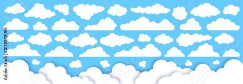 Set of clouds. Cloud icon. Horizontal cloud pattern with shadow effect included. White Cloud Shapes on blue sky background