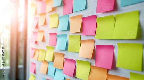 Closeup Blank colorful sticky notes on wall. Prepare for workshop design thinking user experience designer.