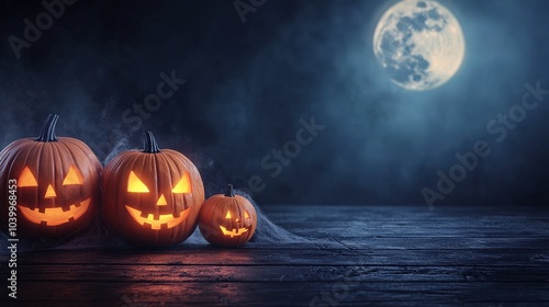 Spooky Halloween pumpkins glow under a full moon, casting a haunting atmosphere, perfect for the season of fright. photo