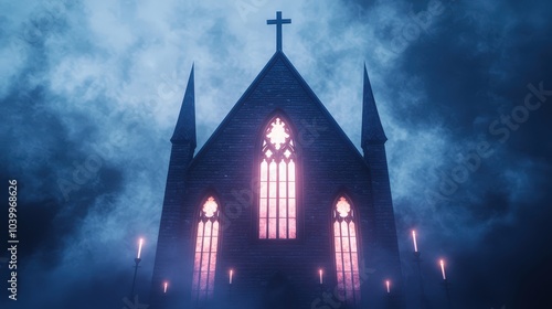 An eerie, gothic church silhouette is shrouded in mist, illuminated by a haunting pink light streaming through its stained-glass windows.