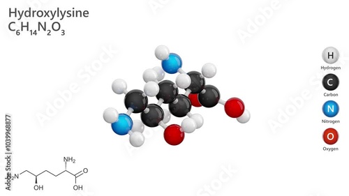 Hydroxylysine. Animated 3D model of a molecule. Molecular formula: C6H14N2O3. Chemical model: Ball and stick. White background. 3D rendering. Seamless loop. photo