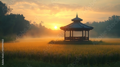 A traditional pavilion stands alone in a field of golden grass, bathed in the warm glow of a sunrise. The mist adds a sense of mystery and tranquility to the scene.