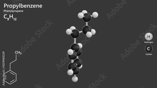 Propylbenzene. Animated 3D model of a molecule. Molecular formula: C9H12. Chemical model: Ball and stick. Gray background. 3D rendering. Seamless loop. photo