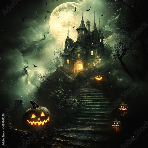 Watercolor haunted background with illustrations of pumpkins, a cemetery and bats in the middle of a full moon. Premium illustration for banners, posters, greetings and Halloween celebrations.