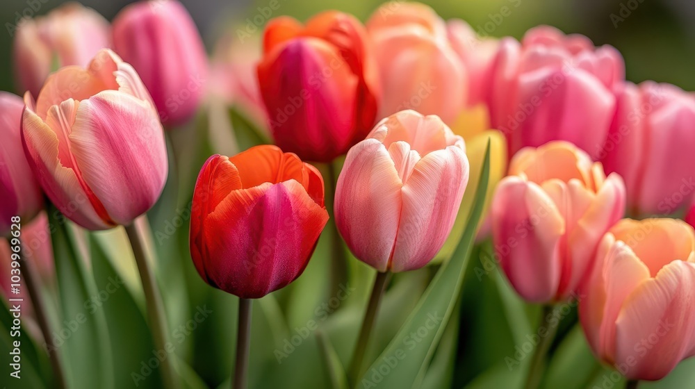 close-up of a stunning bouquet of tulips in vivid shades of red, pink, and orange, radiating freshness and the essence of spring with soft petals close-up of a stunning bouquet of tulips in vivid shades of red, pink, and orange, radiating freshness and the essence of spring with soft petals