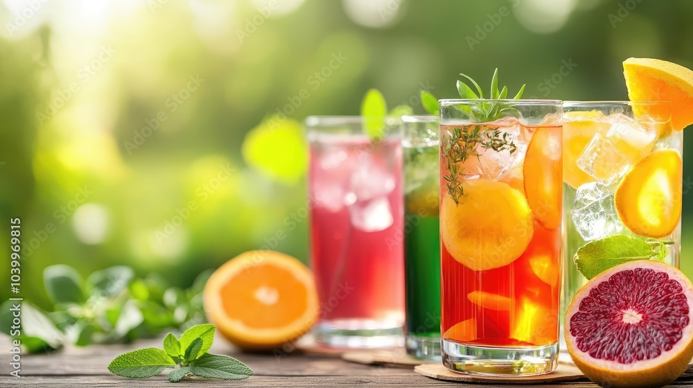 Fototapeta premium Colorful refreshing drinks with fruits and herbs on a wooden table.
