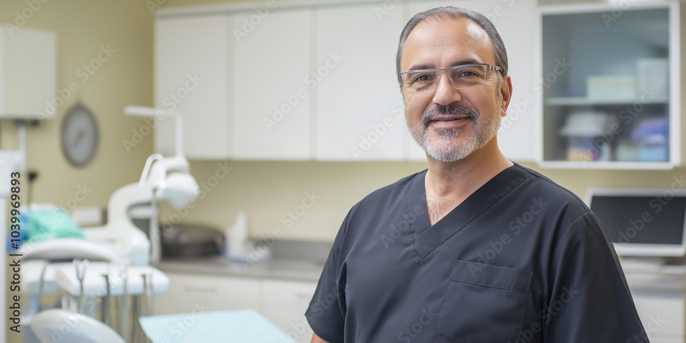 A man in a black lab coat is smiling in front of a dental office. He is wearing a stethoscope around his neck A man in a black lab coat is smiling in front of a dental office. He is wearing a stethoscope around his neck
