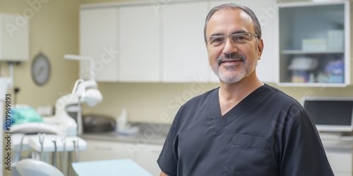 A man in a black lab coat is smiling in front of a dental office. He is wearing a stethoscope around his neck