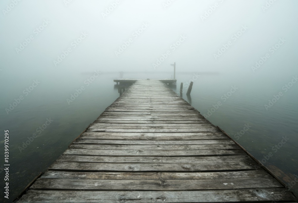 Weathered Wooden Pier Leading to a Misty Horizon Weathered Wooden Pier Leading to a Misty Horizon