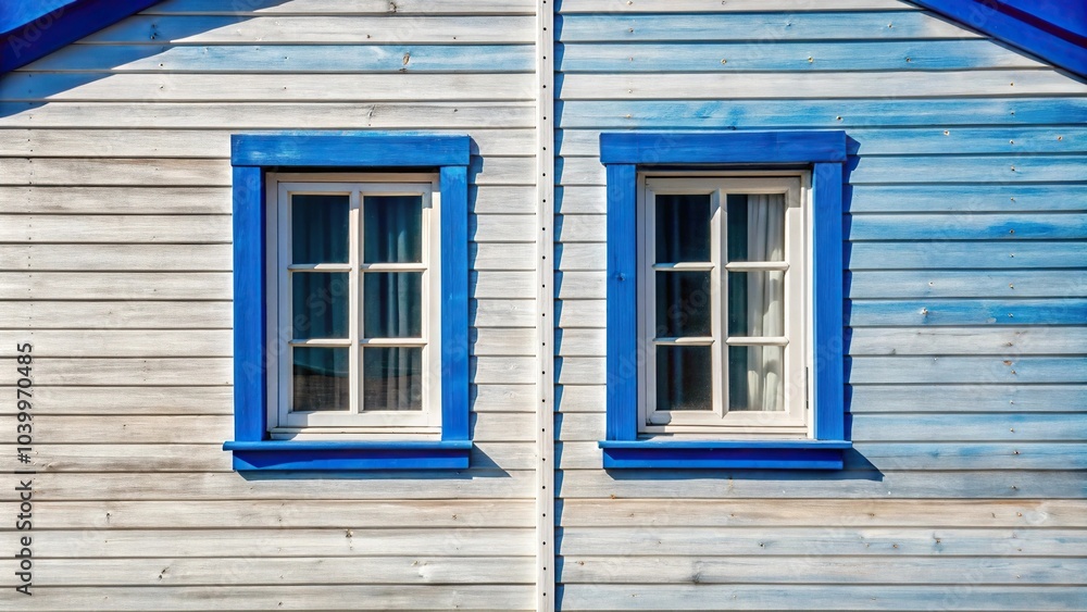 Fototapeta premium Close-Up White and Blue Wooden Building with Windows