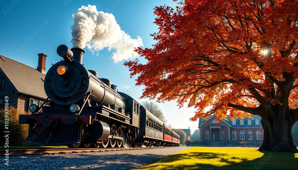 Obraz premium Rusty locomotive chugging through a misty forest