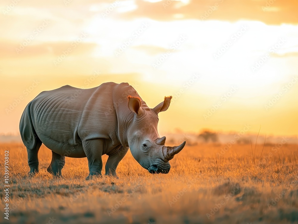 Fototapeta premium Majestic rhinoceros grazing peacefully on the golden plains at sunset, capturing the essence of wildlife and natural beauty.