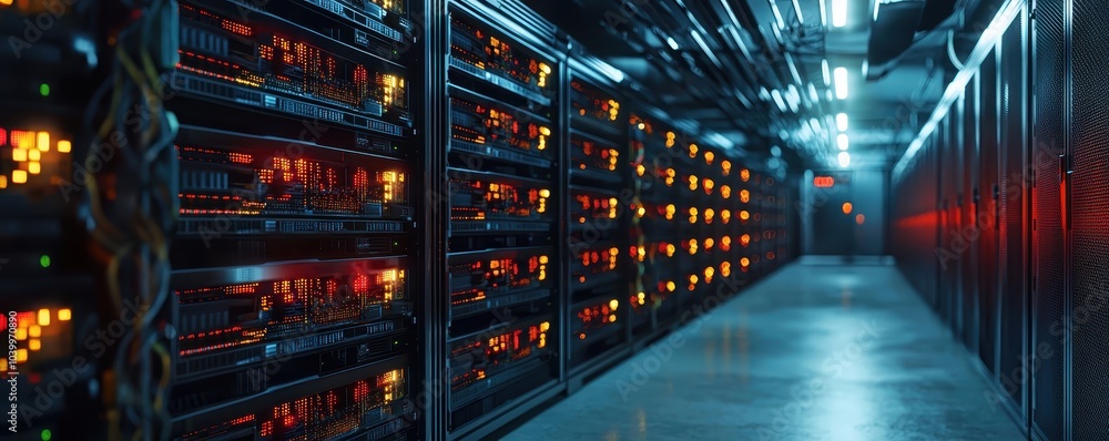 Modern data center with rows of illuminated server racks. High-tech environment showcasing advanced computing technology infrastructure. Modern data center with rows of illuminated server racks. High-tech environment showcasing advanced computing technology infrastructure.
