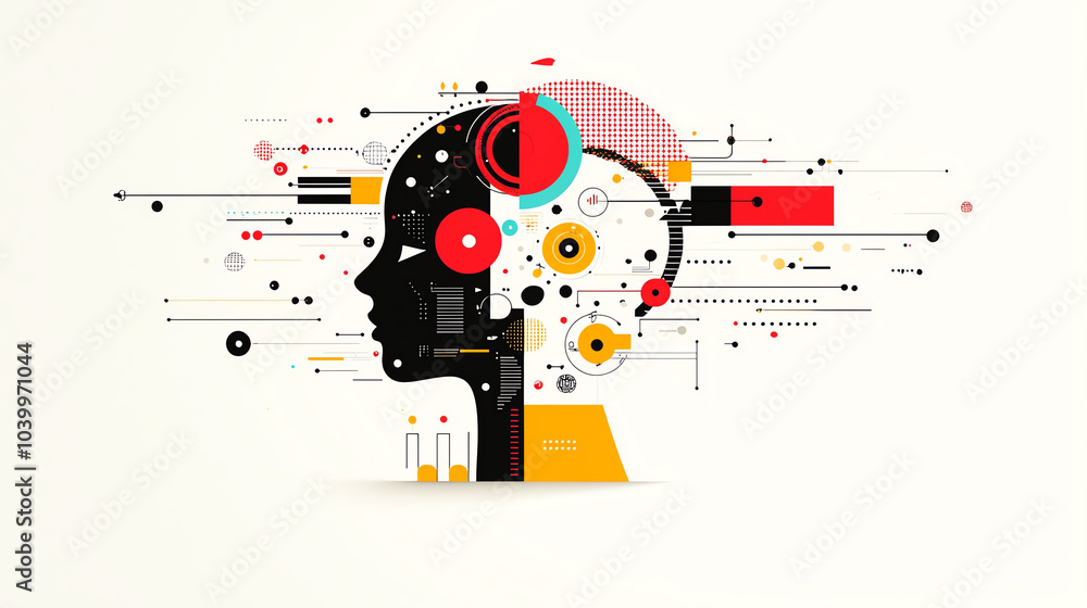 Robot transforming into a human head, artificial intelligence and creativity, flat design illustration Robot transforming into a human head, artificial intelligence and creativity, flat design illustration