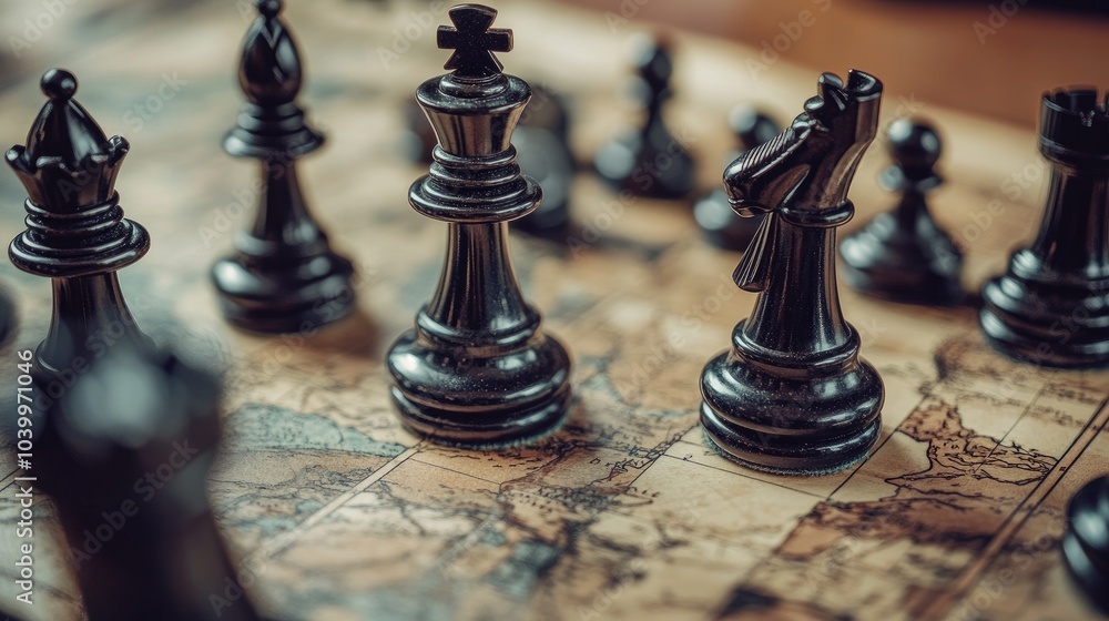 Fototapeta premium Black Chess Pieces on a Vintage Map Background