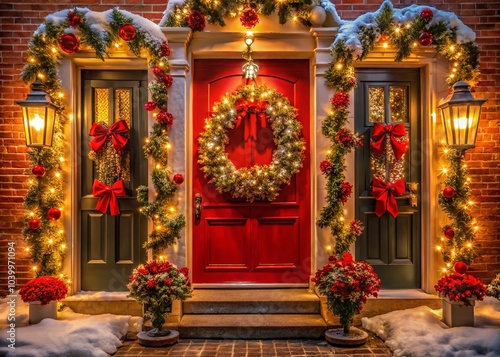 Festive Red Double Doors with Candy Cane Wreaths in a Lively Neighborhood During the Holiday Season