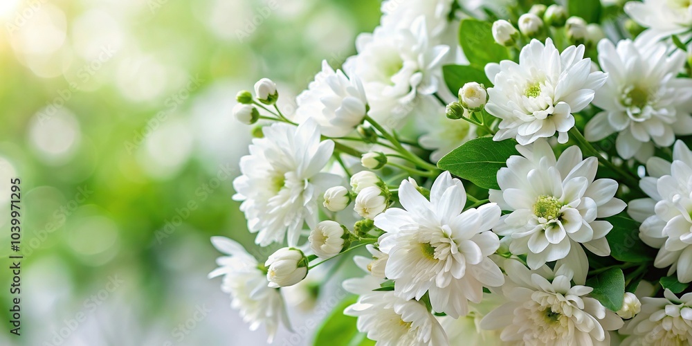 Close-Up white flowers with green leaves Close-Up white flowers with green leaves