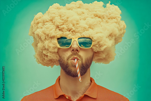 A surreal portrait of a man with a head in a cloud, wearing sunglasses reflecting a sky with clouds, and sipping through a striped straw