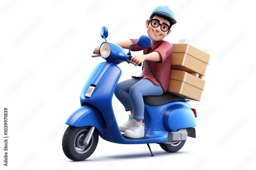 Delivery man on scooter transportation motorcycle e-scooter. Delivery man on scooter transportation motorcycle e-scooter.