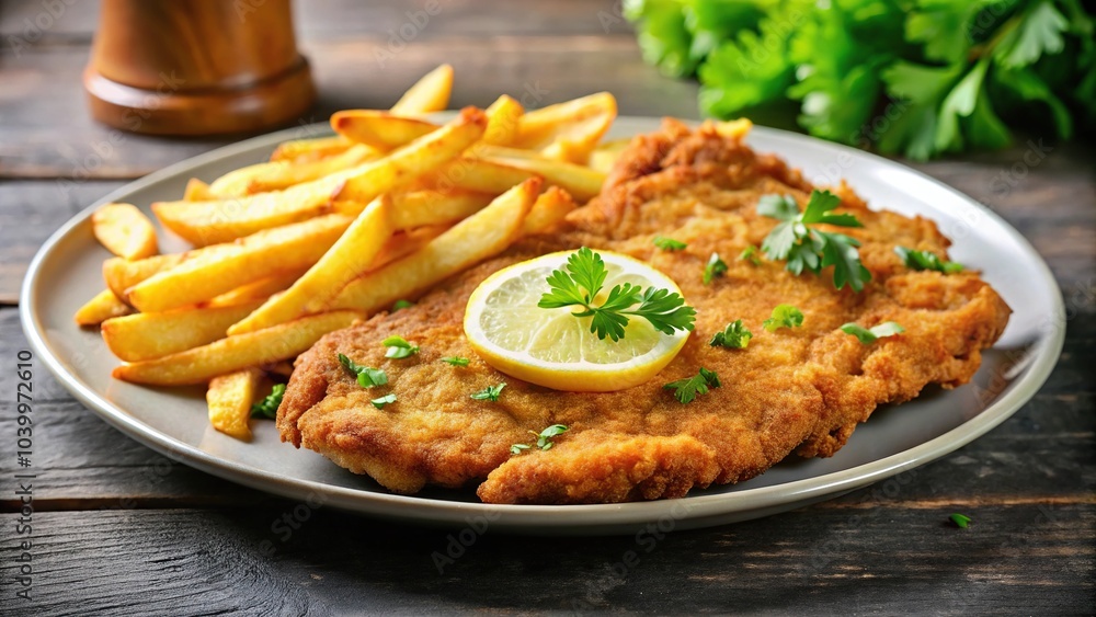 Close-Up Wiener Schnitzel served on a plate with lemon and French fries Close-Up Wiener Schnitzel served on a plate with lemon and French fries