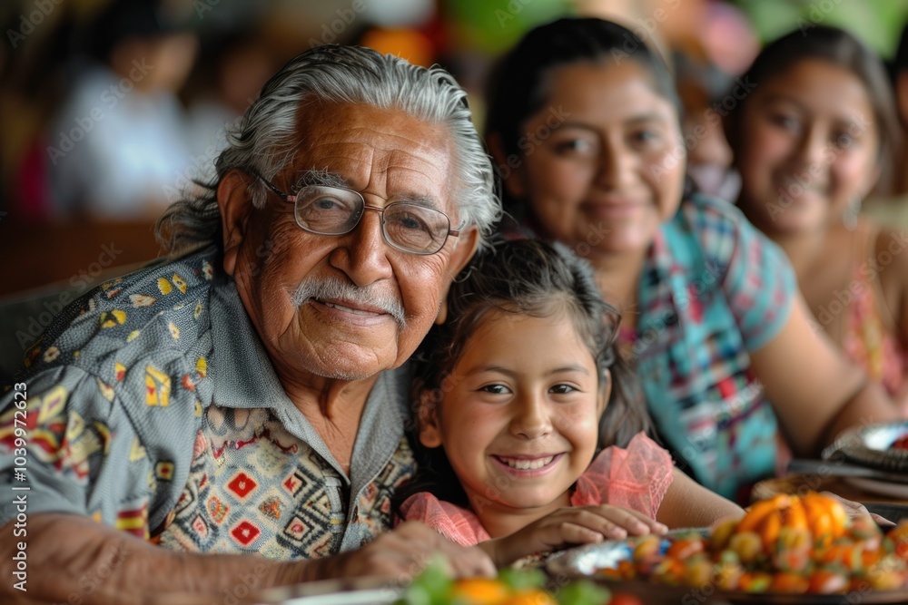 Fototapeta premium Elderly Man in Traditional Attire Enjoying a Meal with Family in a Rustic Kitchen