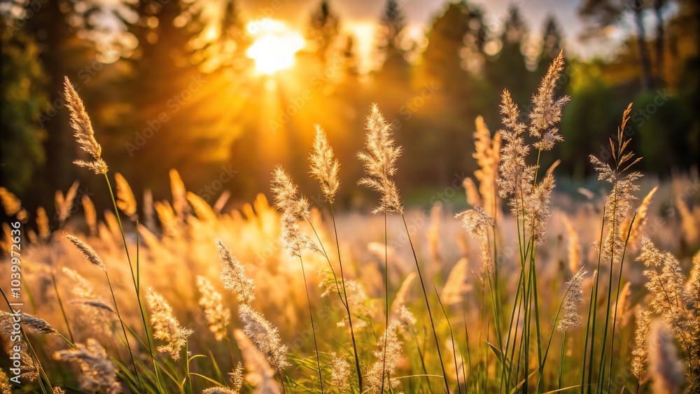 Fototapeta premium Close-Up Wild grass in sunset forest, summer nature background with soft beige colors