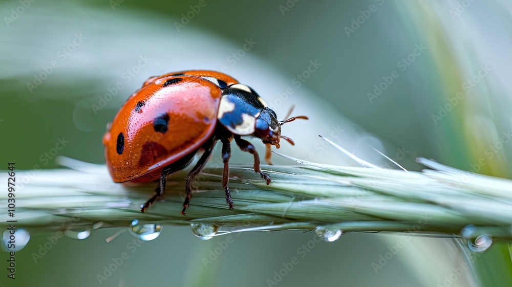 Obraz premium 4K Ultra HD Macro of Red Ladybug with Dew on Blade of Grass