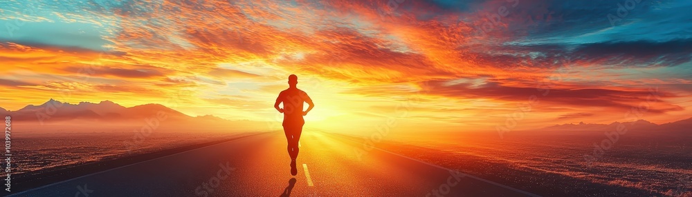 A solitary runner moving along a road with a stunning sunrise backdrop, symbolizing determination, energy, and the beauty of early mornings. A solitary runner moving along a road with a stunning sunrise backdrop, symbolizing determination, energy, and the beauty of early mornings.