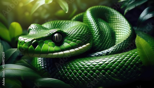 Fototapeta Naklejka Na Ścianę i Meble -  A detailed close-up of a green snake with shiny scales in a jungle setting.