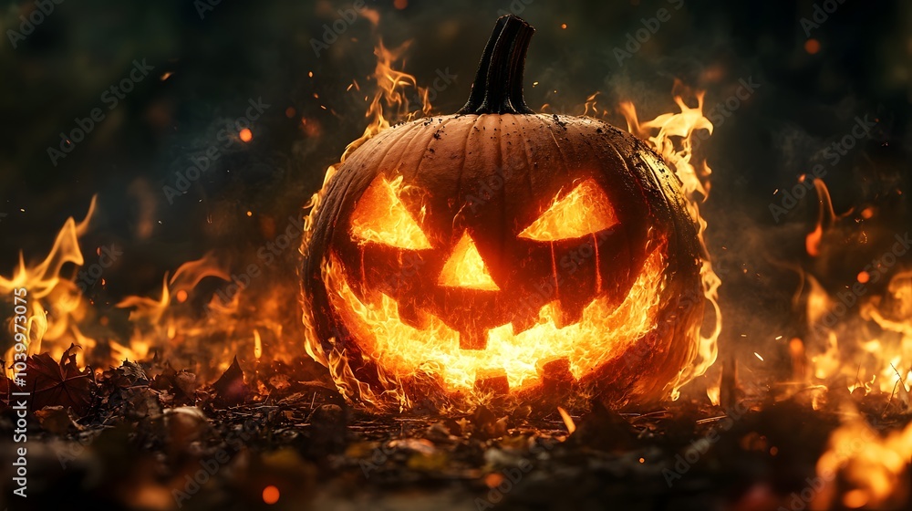 Naklejka premium A pumpkin with a scary face is lit on fire. The pumpkin is surrounded by fire and smoke, creating a spooky and eerie atmosphere
