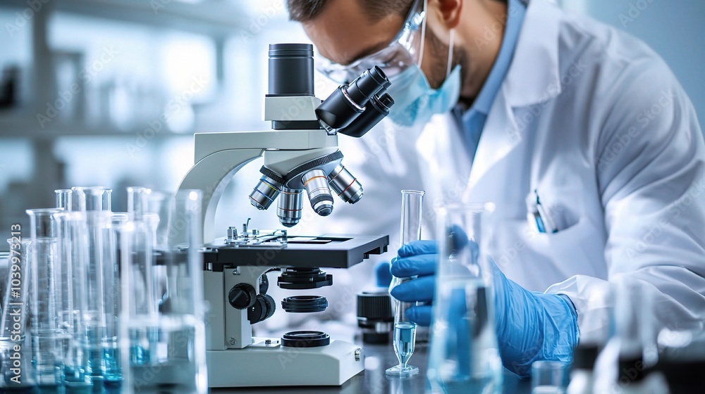 Scientist Working in Laboratory with Microscope and Test Tubes Scientist Working in Laboratory with Microscope and Test Tubes