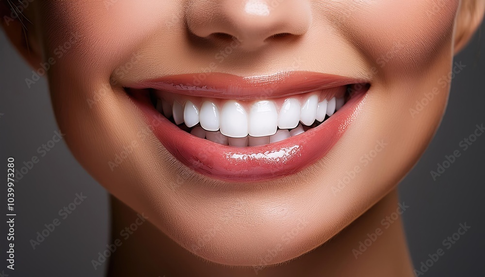 Close-up of a woman's smile showing white teeth and glossy lips Close-up of a woman's smile showing white teeth and glossy lips