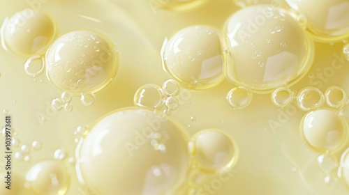 Oil bubbles abstract. Close-up of yellow oil bubbles floating on a liquid surface. The image evokes a sense of peace and tranquility, suggesting a calming and serene atmosphere.