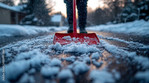 Person clearing snow with red shovel after snowfall, winter gear, active snow removal, road, driveway, sport, red shovel against white snow, snowy landscape, houses, trees, cold winter atmosphere