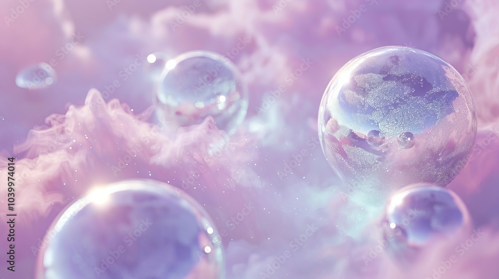 Bubbles in pink clouds. Shiny iridescent bubbles float in a dreamy pink cloud, symbolizing ethereal beauty and delicate balance. Bubbles in pink clouds. Shiny iridescent bubbles float in a dreamy pink cloud, symbolizing ethereal beauty and delicate balance.
