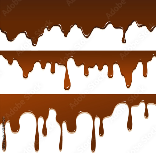 Set of realistic dripping brown chocolate illustrations isolated in white background. World Chocolate Day celebration element.