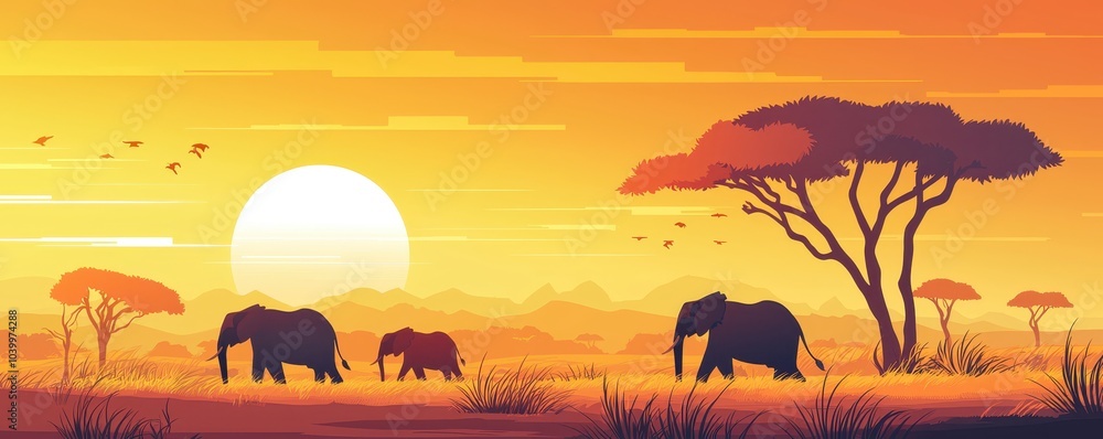 Naklejka premium Illustration of an African savanna sunset with elephants and acacia trees, capturing the serene beauty of wildlife in warm orange hues.