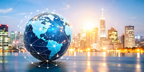 Glowing Globe Cityscape Network Lines Bokeh Background Smart Cities Global Connectivity Photo Stock Concept